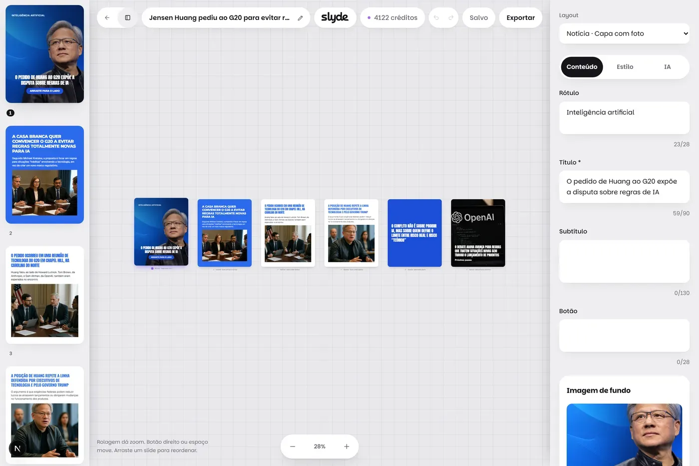 O editor do Slyde, com o carrossel na prancheta e o painel de propriedades